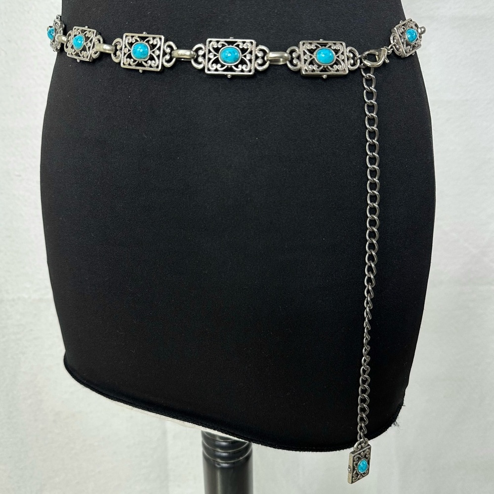 Western Boho Chic Concho Faux Turquoise Silvertone Chain Belt